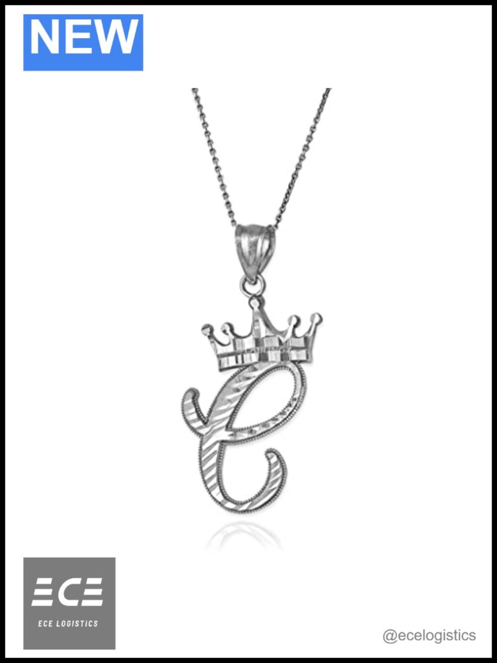 Sterling Silver Letter C Initial Cursive Crown Pendant Necklace 16in